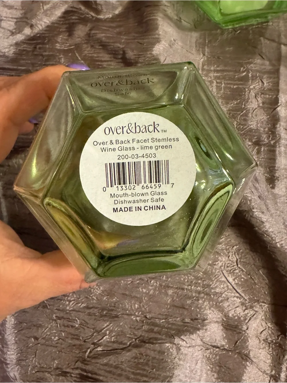 4 Set Lime Green Facet Stemless Wine Glasses Mouth-blown Glass Dishwasher Safe